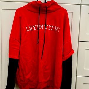 Red hoodie oversized with black sleeves